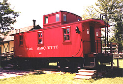 PM wooden caboose #A621 on display at the Huckleberry Railroad